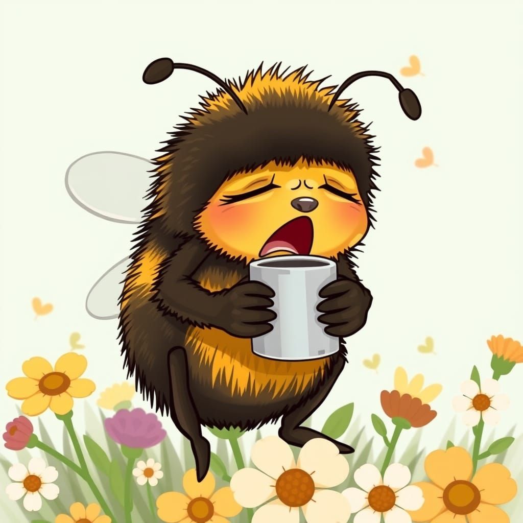 Sleepy Bumblebee Yawning with Coffee Mug Cartoon