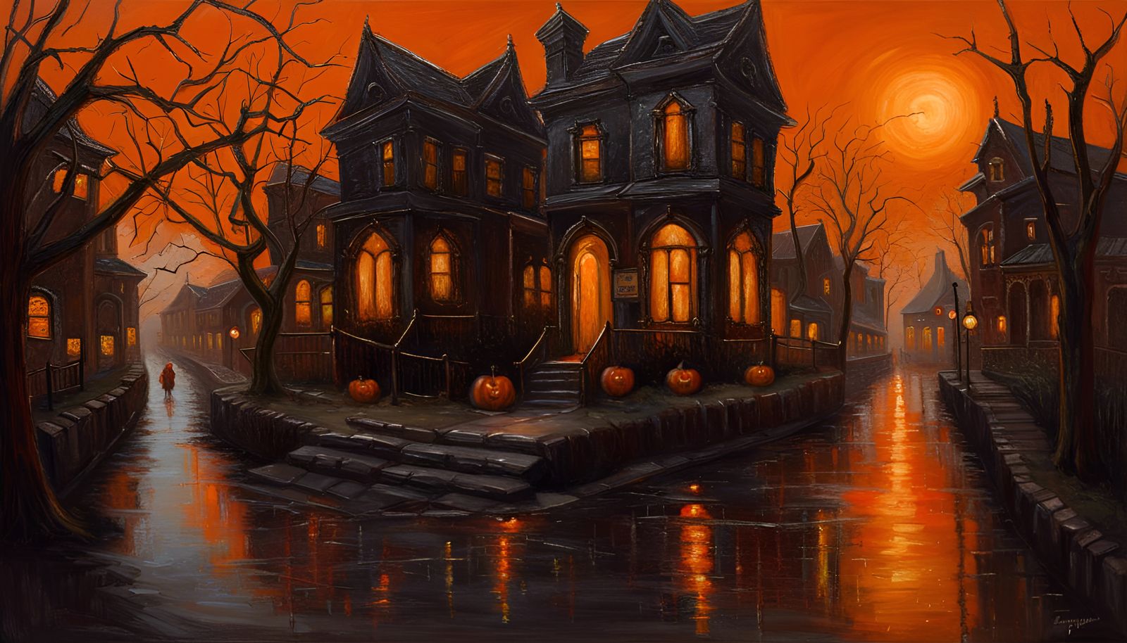 Spooky Glowing Halloween City in Oil Painting Style