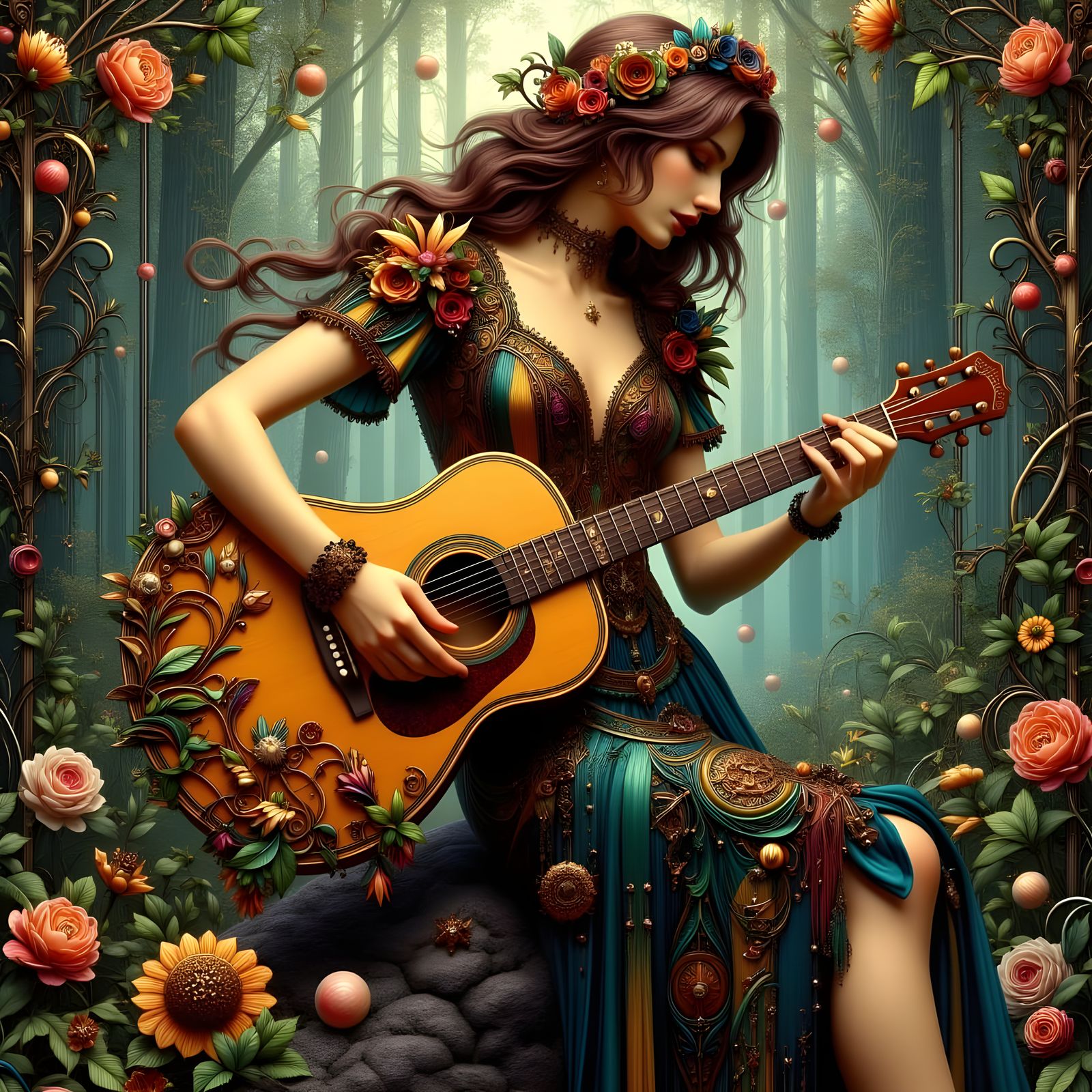 Woman Playing Guitar in Enchanted Forest, Klimt Style