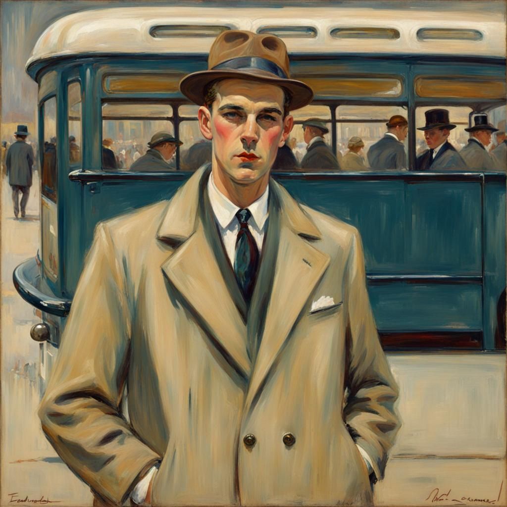 Happy Man Waiting for Bus, Impressionist Style