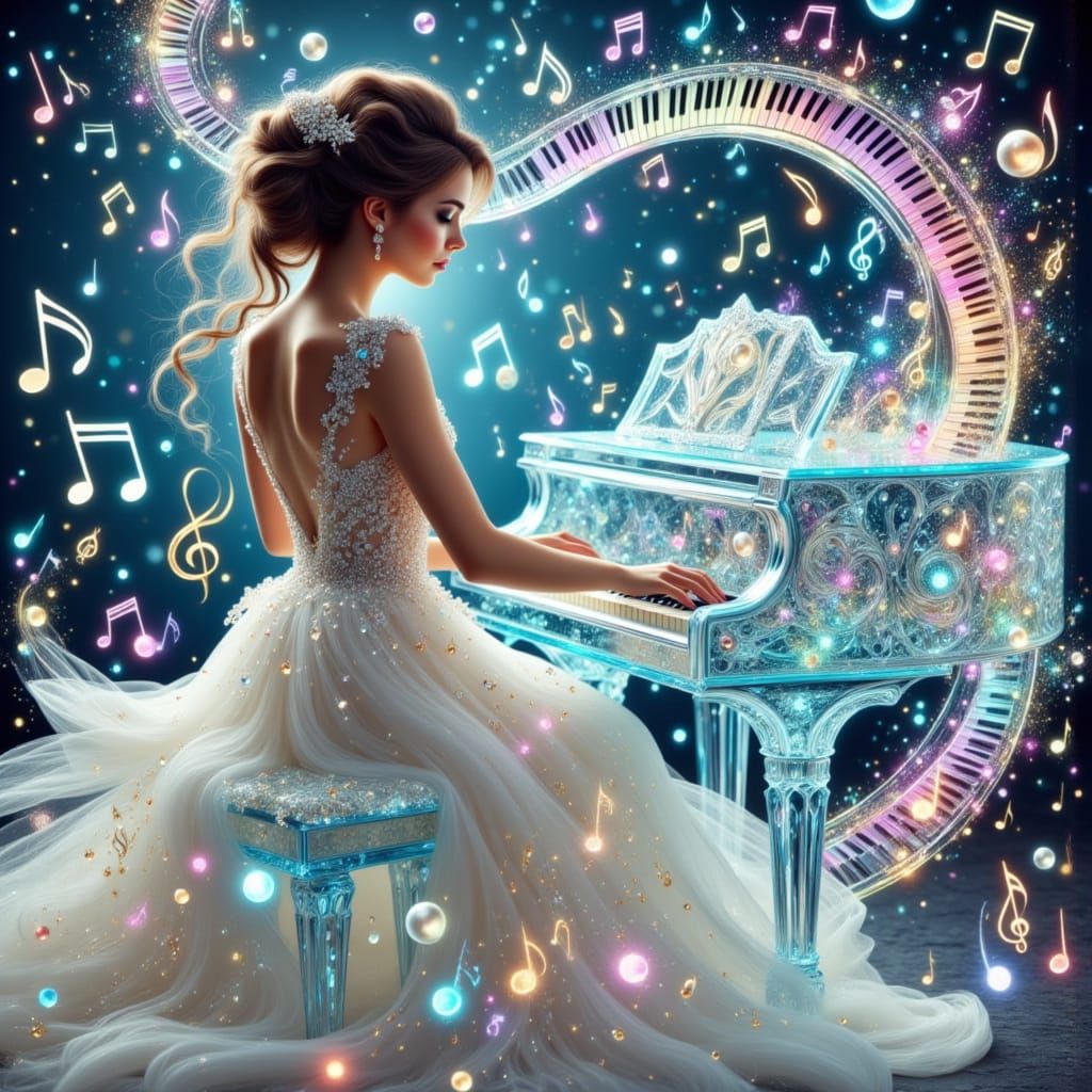Ethereal Woman Plays Crystal Piano in Dreamlike Scene