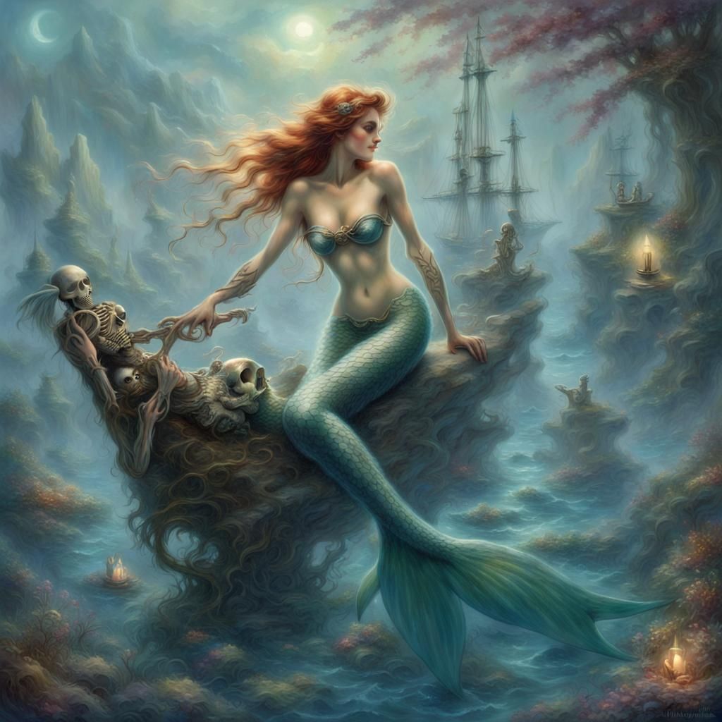 Ethereal Mermaid with Sailor Skeleton in Dreamy Mist