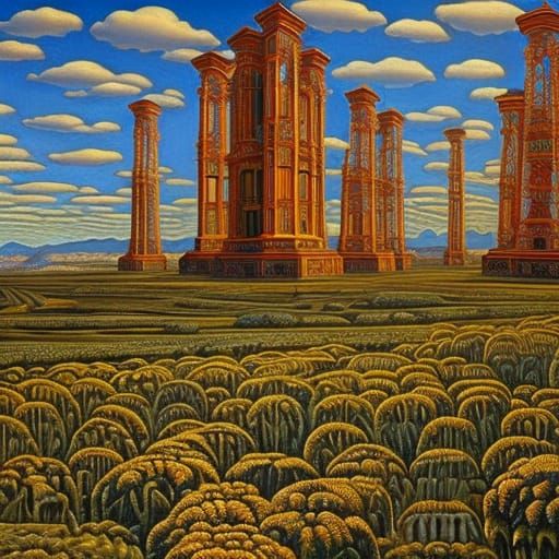 Surreal Landscape with Towering Structures in Oil