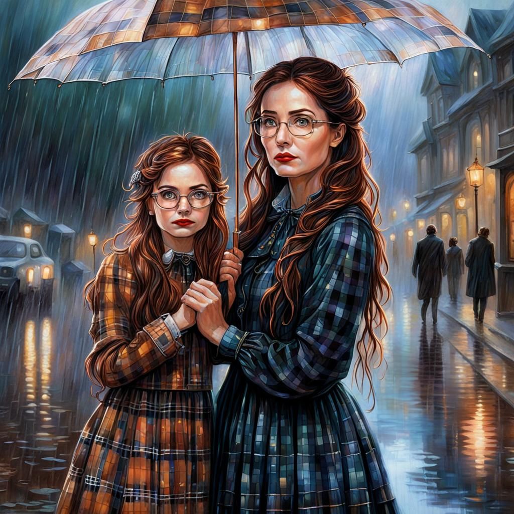 Ethereal Watercolor: Woman and Child in Rain