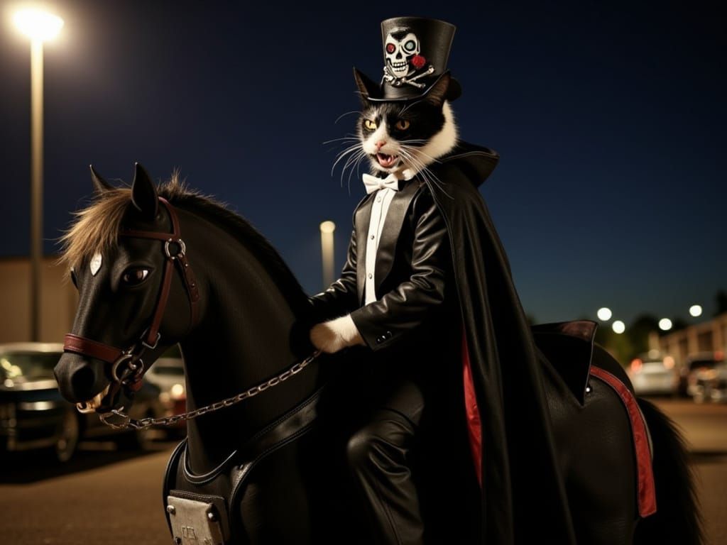 Vampire Cat Rides Car Part Horse in Noir Style
