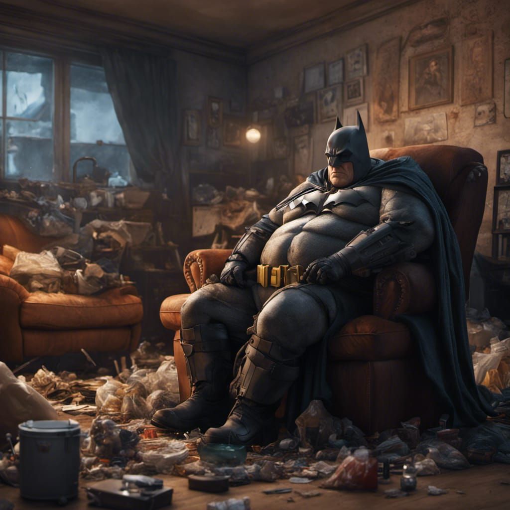 Hyperrealistic Old Batman in a Garbage Room