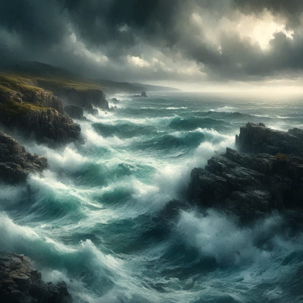Dramatic Stormy Seascape with Crashing Waves