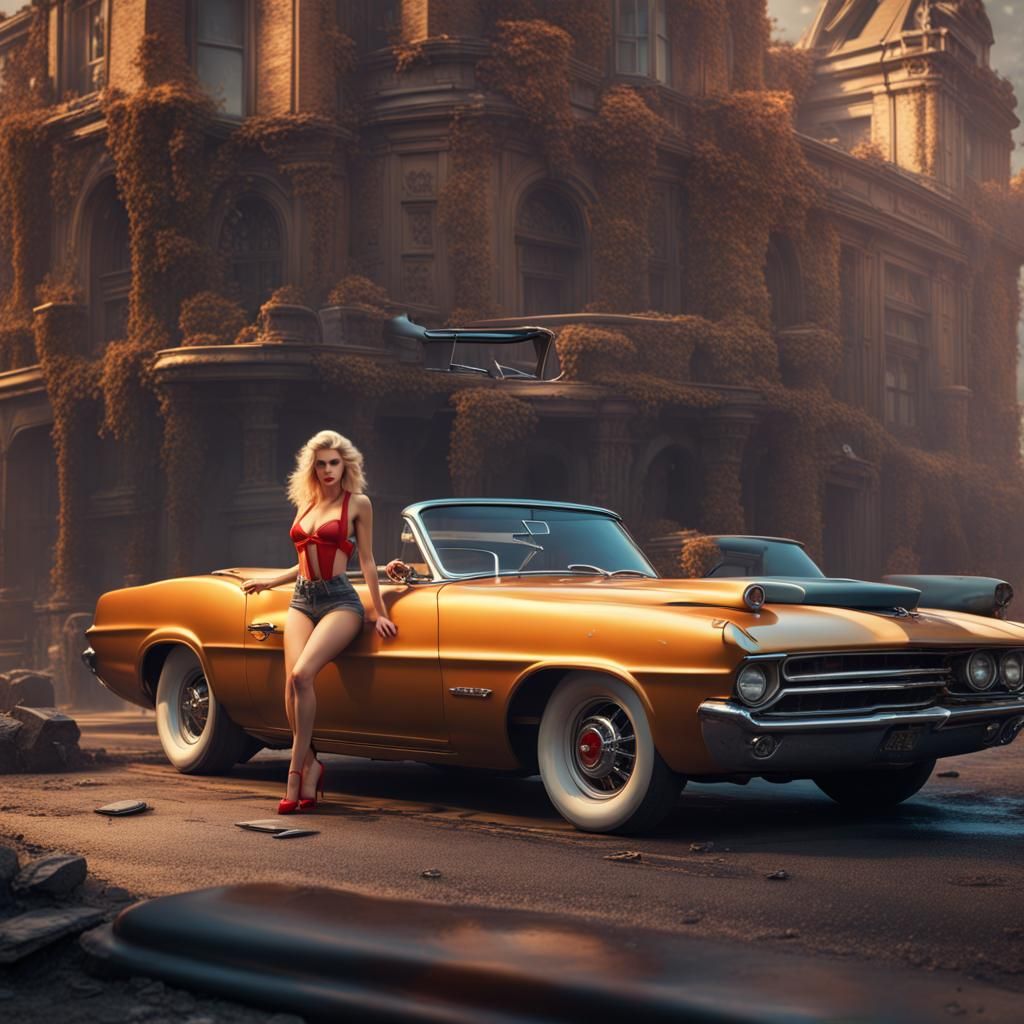 Blonde Pinup on Muscle Car in Detailed Matte Painting