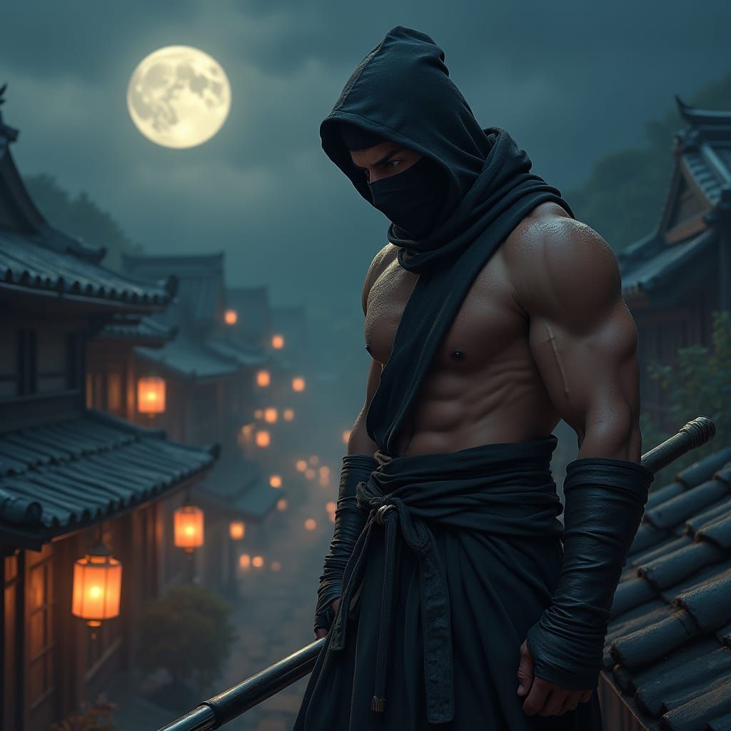 Athletically Built Ninja Gazing Down at Vampires on a Midnig...