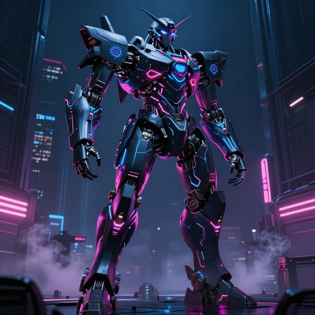 Cyberpunk Mecha in Neon Cityscape