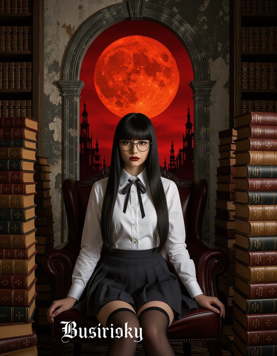 Gothic Library Scholar Under Blood Moon Sky