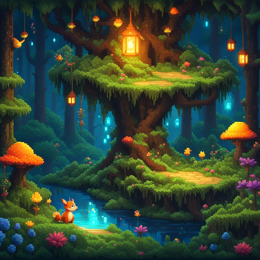 Pixel art enchanted landscape