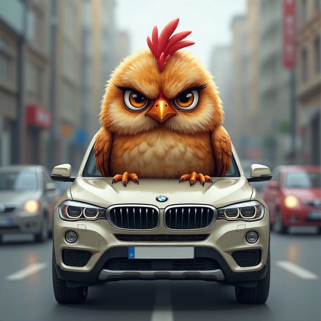 Grumpy Hen in SUV: Fantasy Illustration
