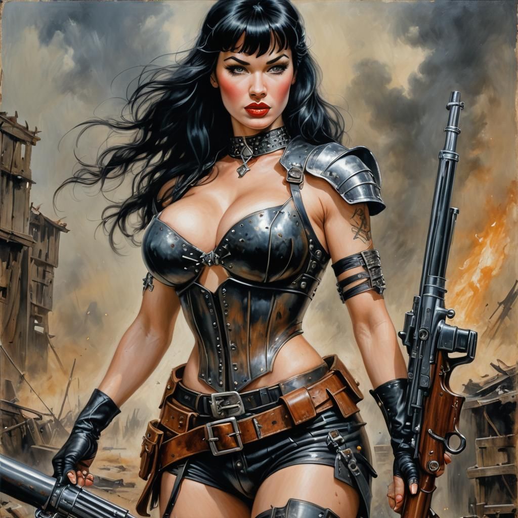 Post-Apocalyptic Betty Page with Shotgun, Acrylic Painting