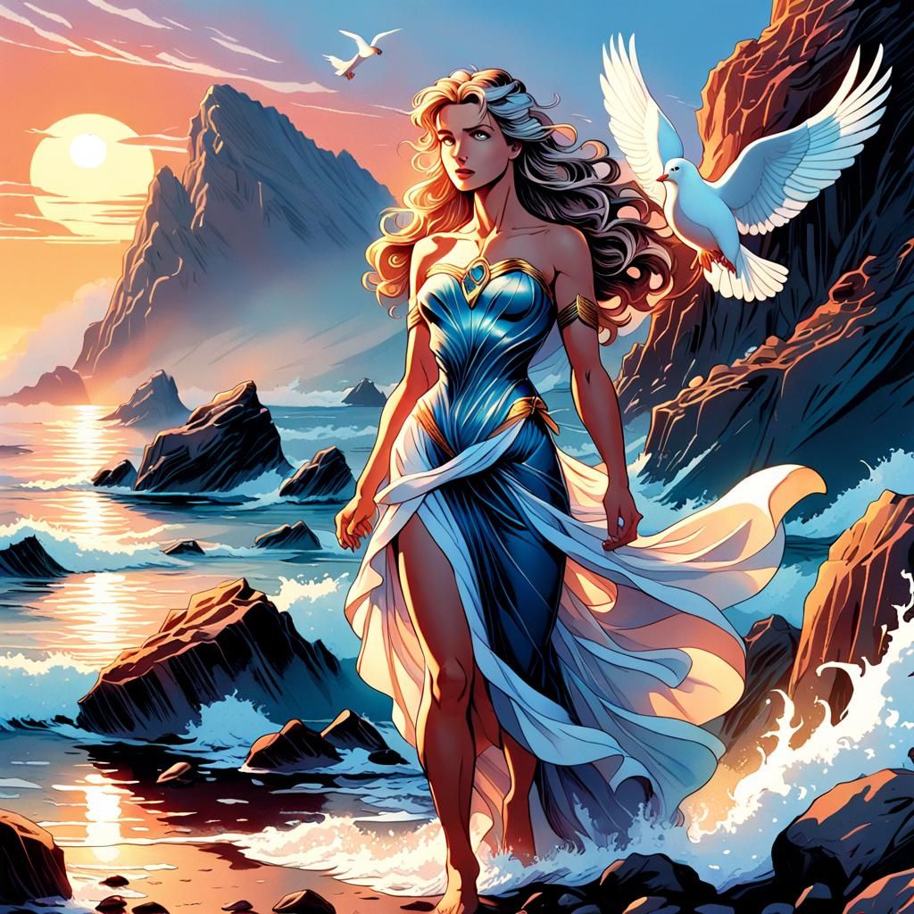 Aphrodite on Rocky Shoreline in Comic Book Art