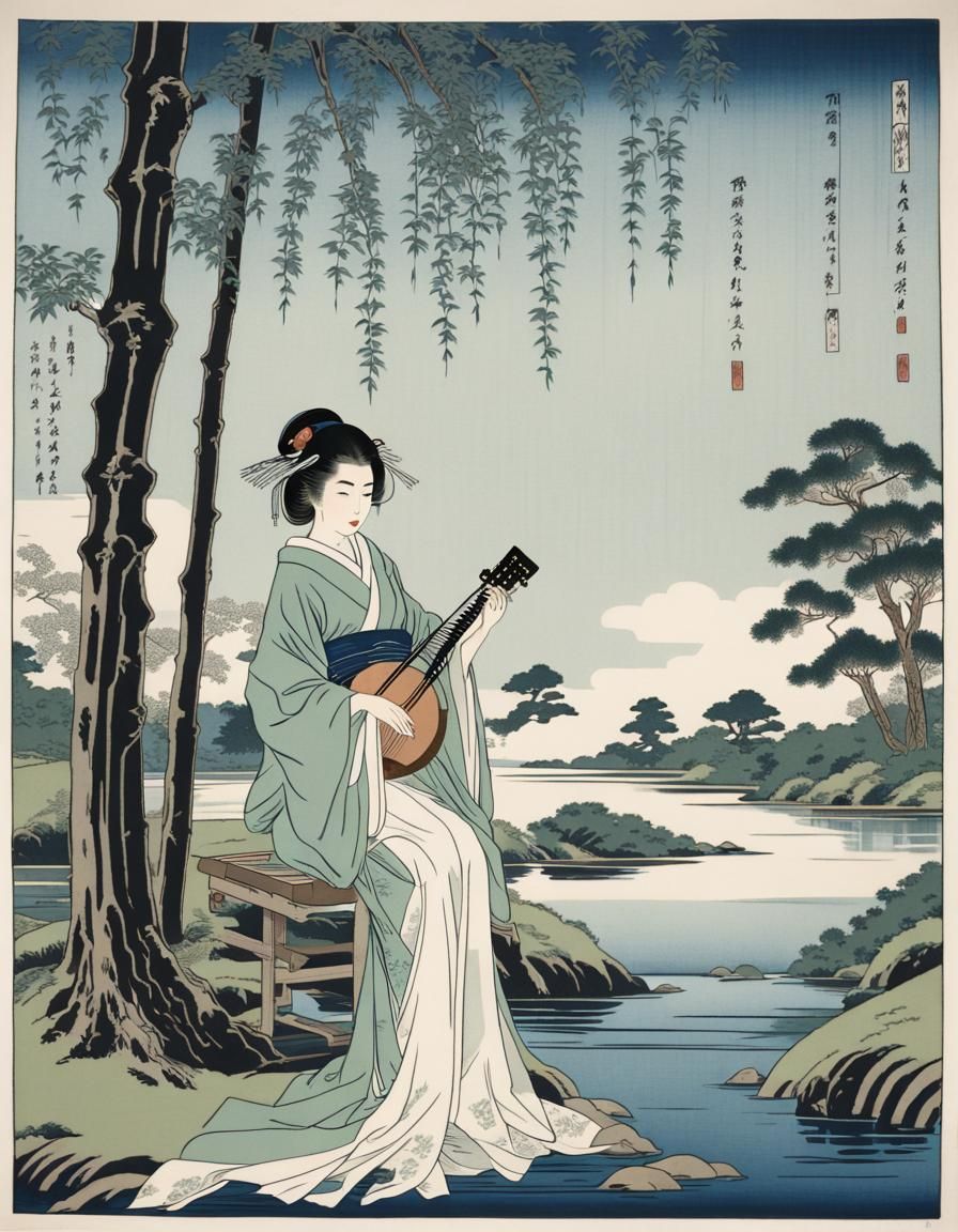 Japanese Woman Playing Shamisen: Ukiyo-e Woodcut Print