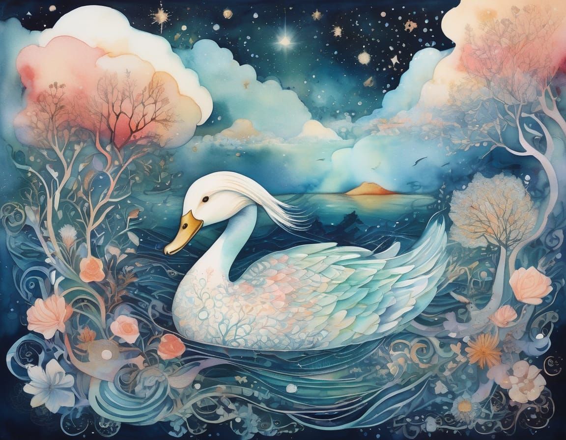 Surreal Siren Merging Ocean and Sky in Aquarelle Style