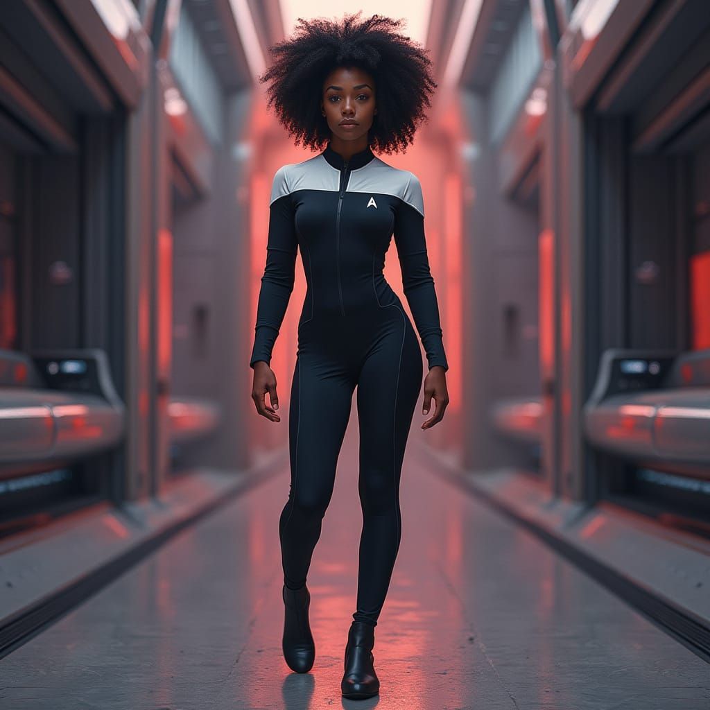 A Confident Black Starfleet Officer in Futuristic Tights