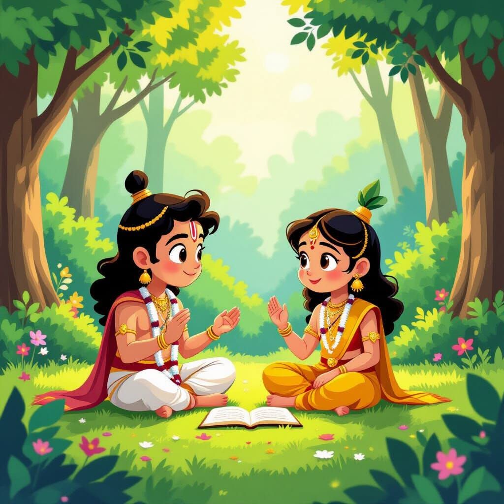 Rama, Lakshmana & Vishwamitra In Cartoon Forest Style