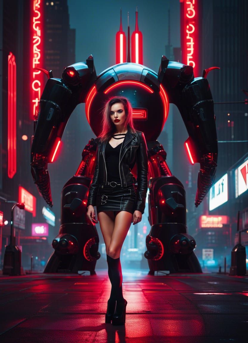 Punk Woman with Robot in Futuristic Cityscape