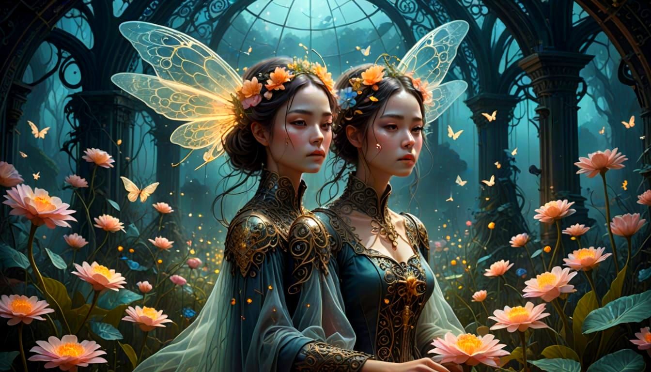 Whimsical Woman with Clockwork Wings in Ethereal Garden