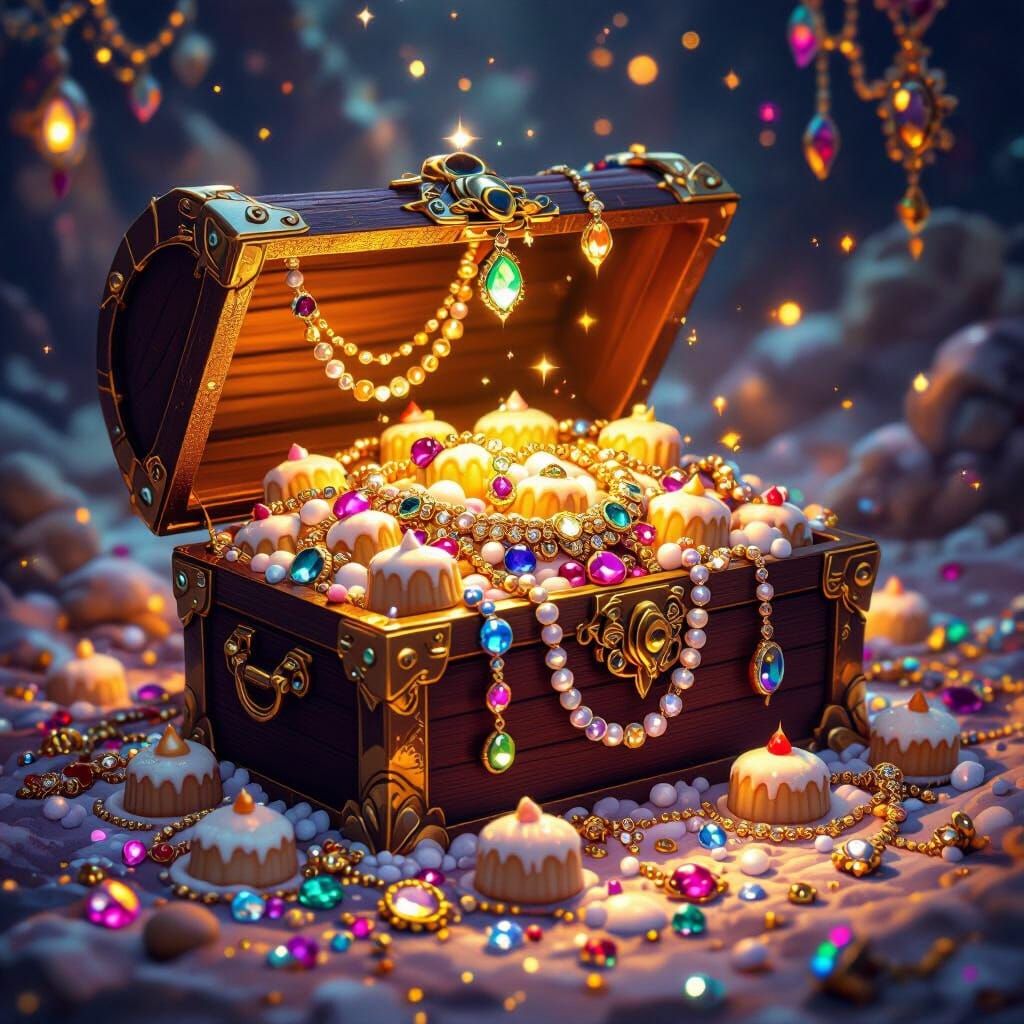 Opulent Treasure Chest Overflowing with Jewels and Puddings
