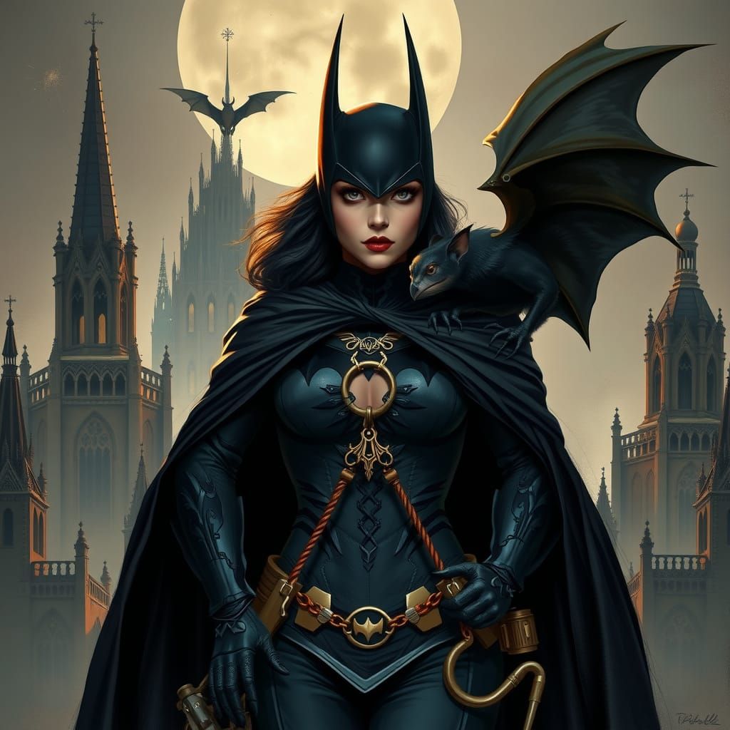 Gothic Female Batman in Dreamlike Cityscape