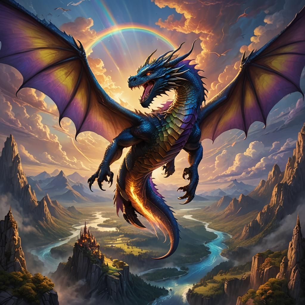 Dragon Soaring Through Rainbow Sky: Fantasy Art