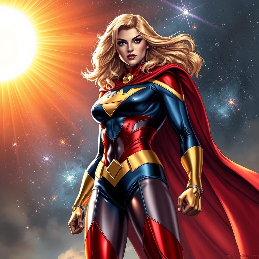 Power Girl Defiant in Cosmic Winds, Hyperrealistic Style