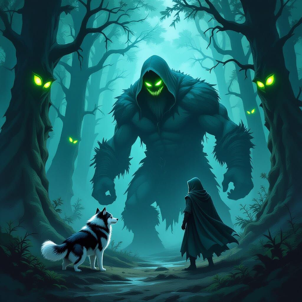 Husky and Hooded Owner Battle Cyclops in Dark Fantasy Forest