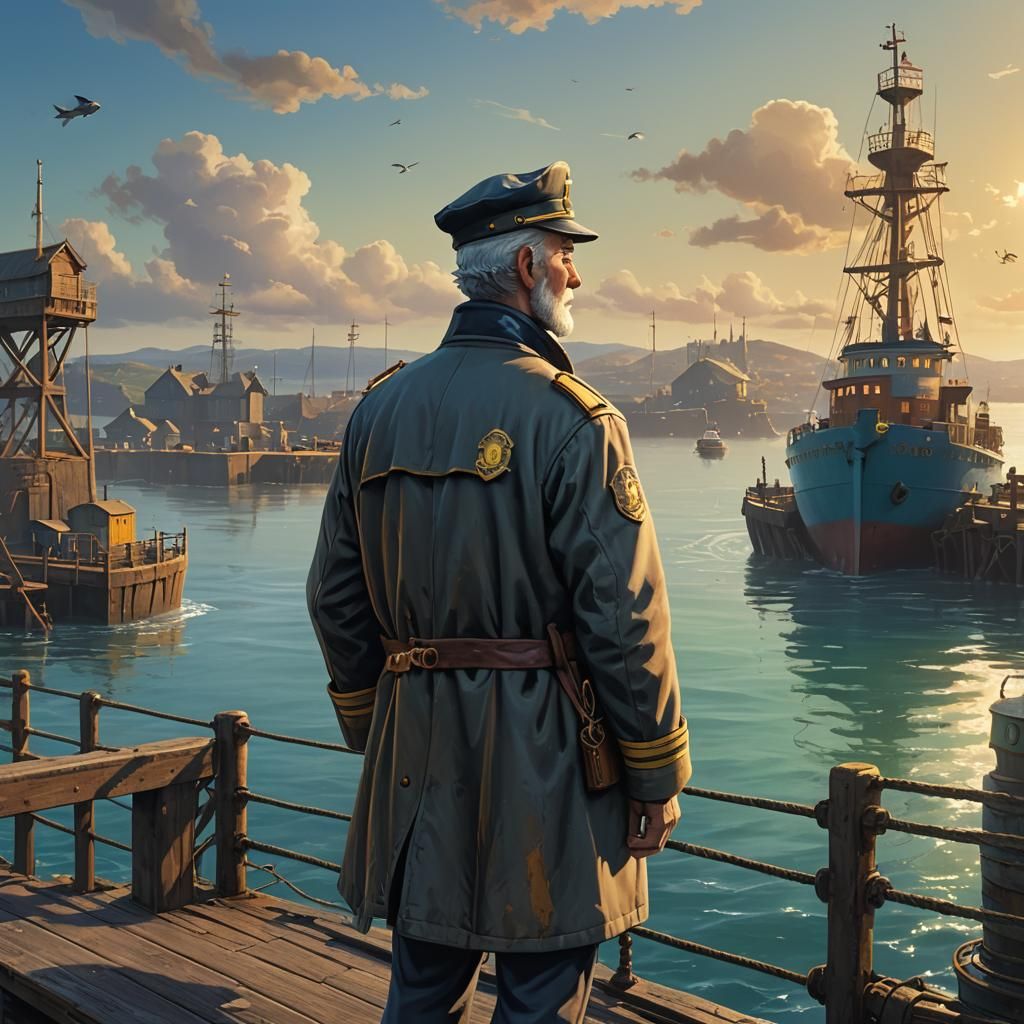Harbour Master Overlooking the Sea in Pixar Style