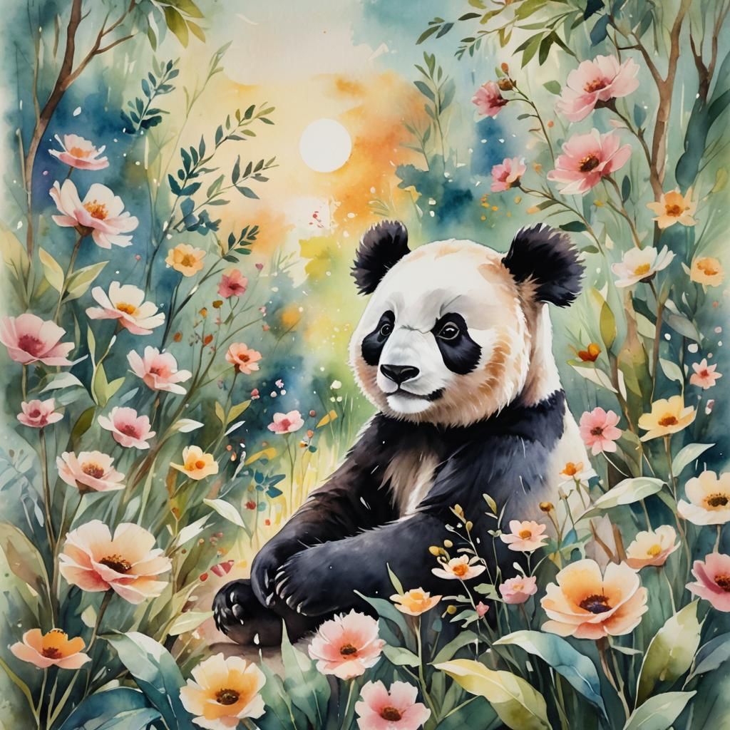Panda Paints Koala in Watercolor Flower Garden