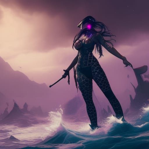 Cyberpunk Woman Rides Epic Storm Wave