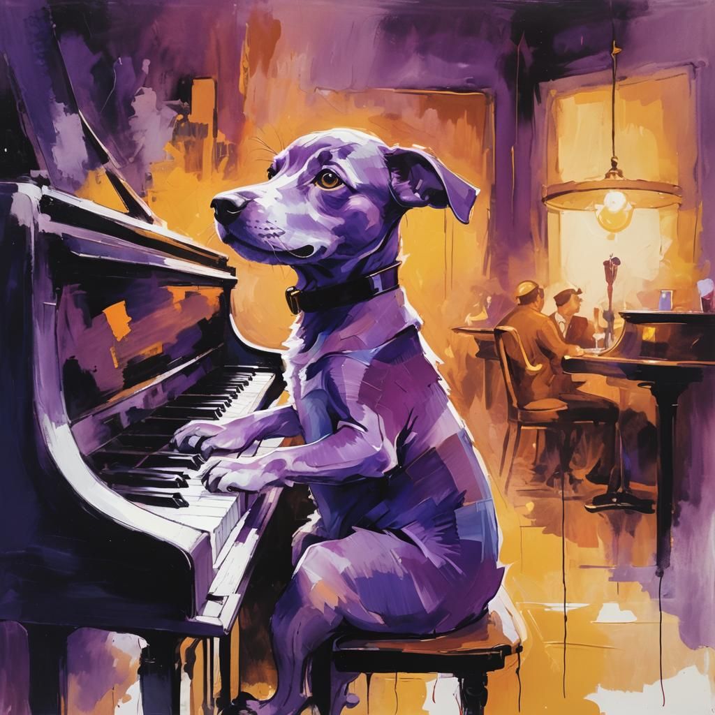 Expressionist Jazz Art: Purple Pup at the Piano