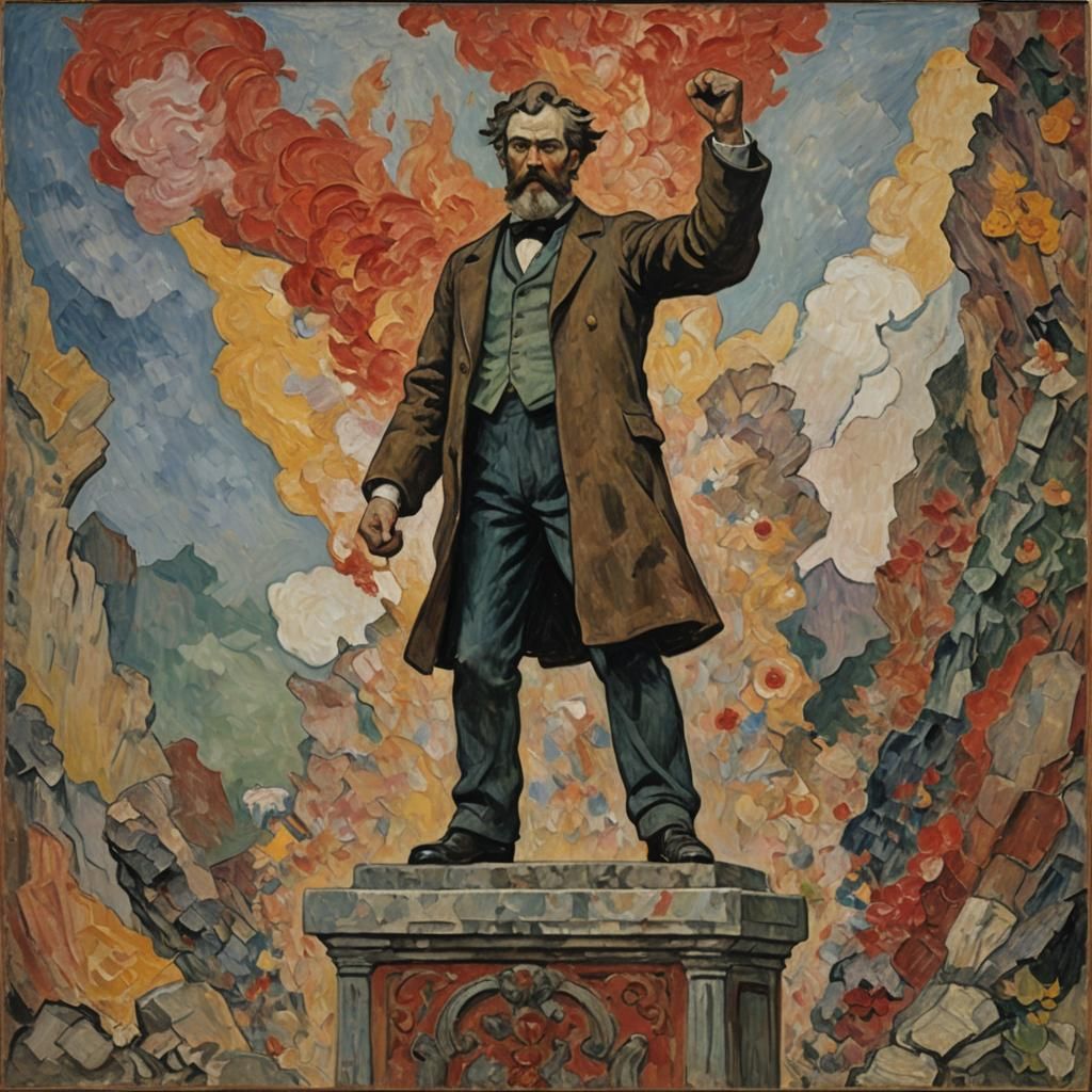 Revolutionary Figure in Impasto Style Under Moody Sky