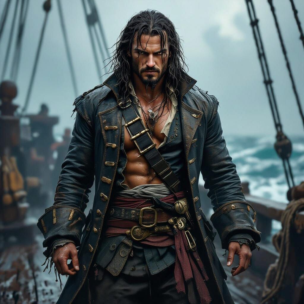 Pirate Captain Defiant on Deck in Hyperrealistic Style
