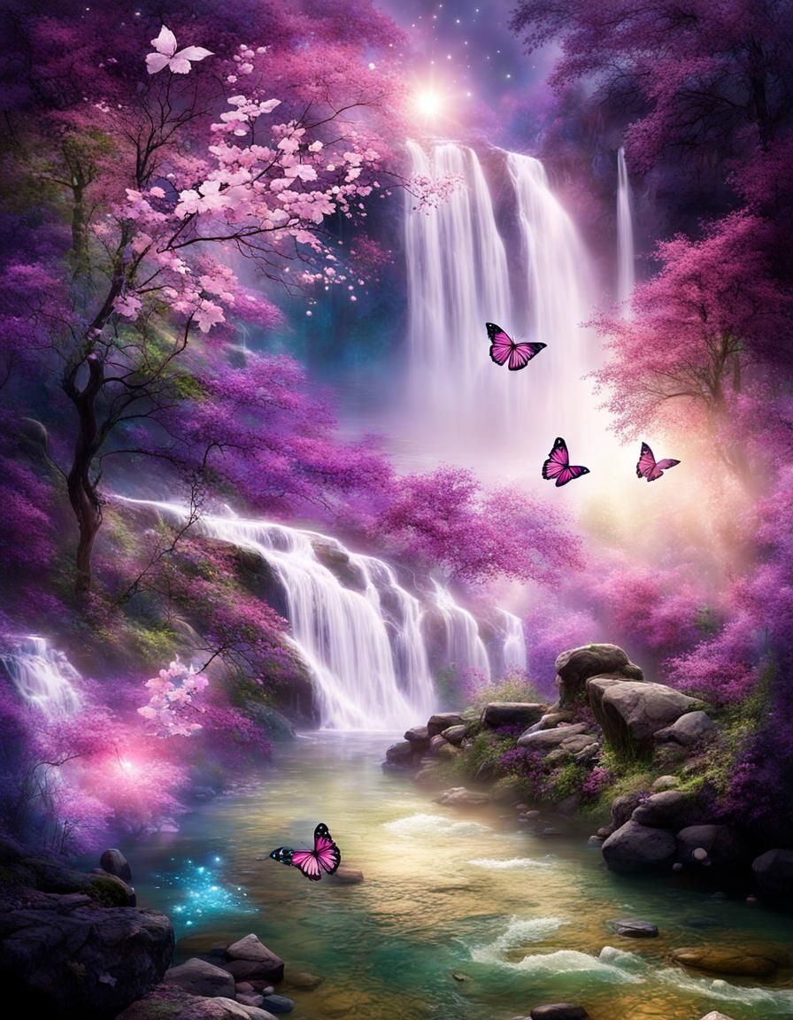 Fantasy Landscape with Stars, Waterfall and Glitter
