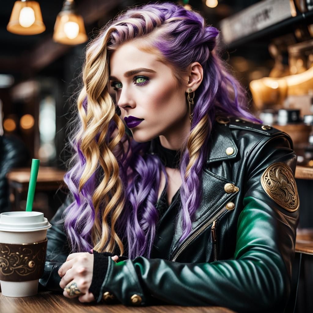 Valkyrie with Viking Features Drinking Coffee