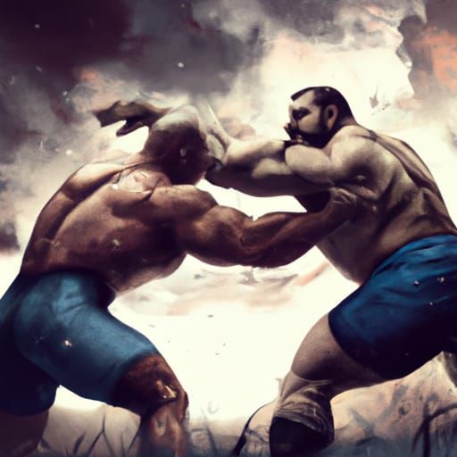 Epic Muscle Men Wrestling Digital Matte Painting