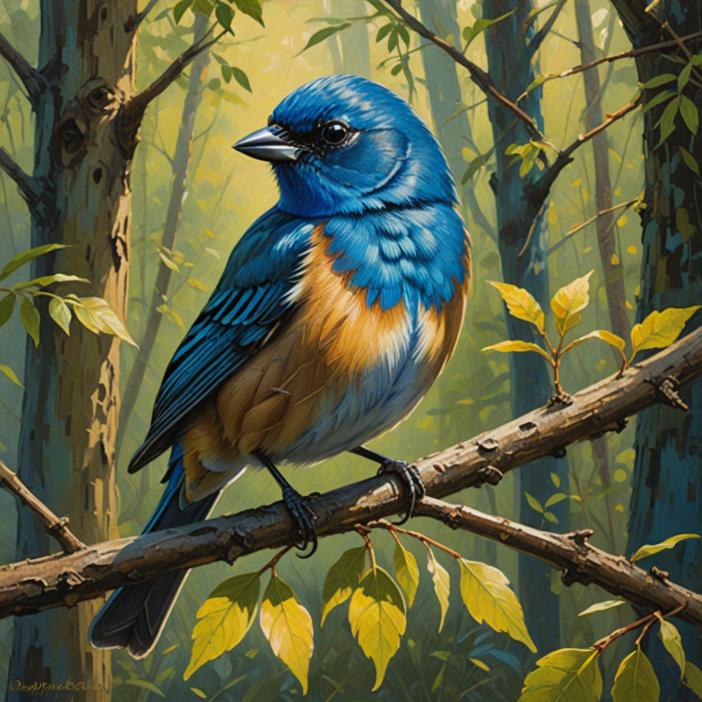 Surreal Indigo Bunting in Sunlit Forest
