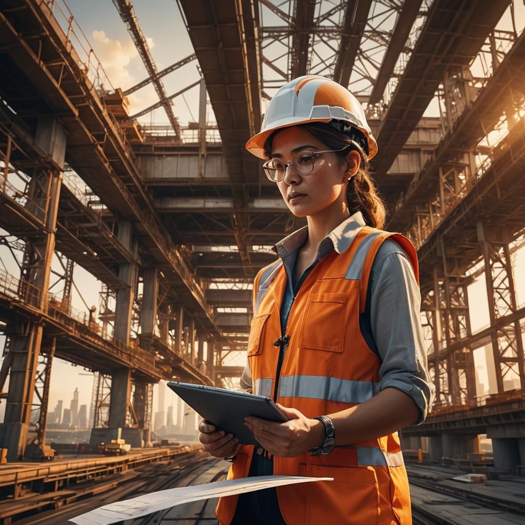 Woman Engineer Inspects Bridge Blueprint
