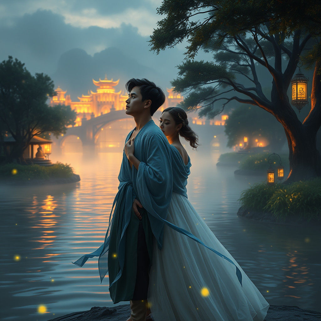 Mystical Riverbank Encounter at Dusk