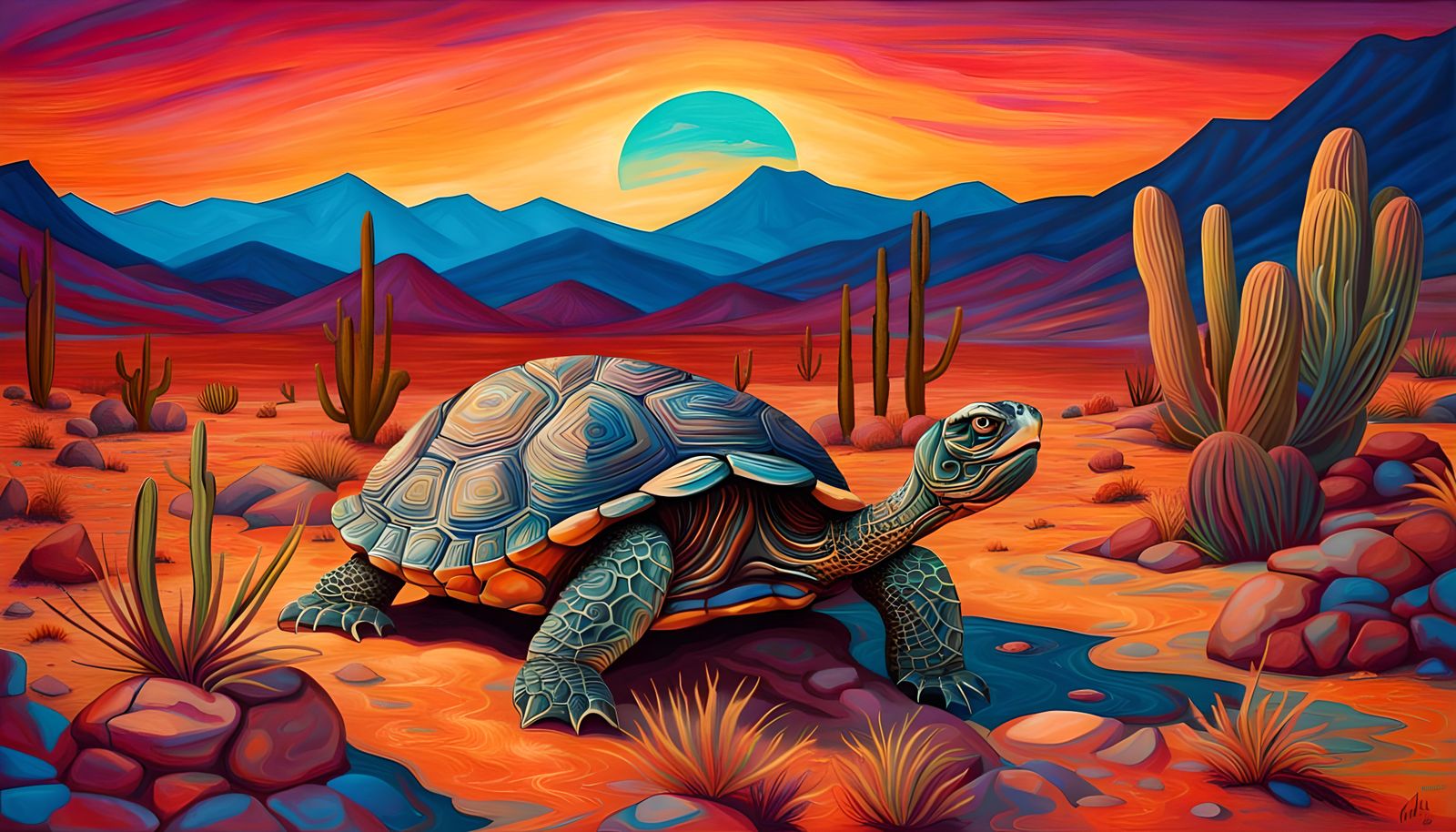 Mojave Desert World Turtle with Sunset