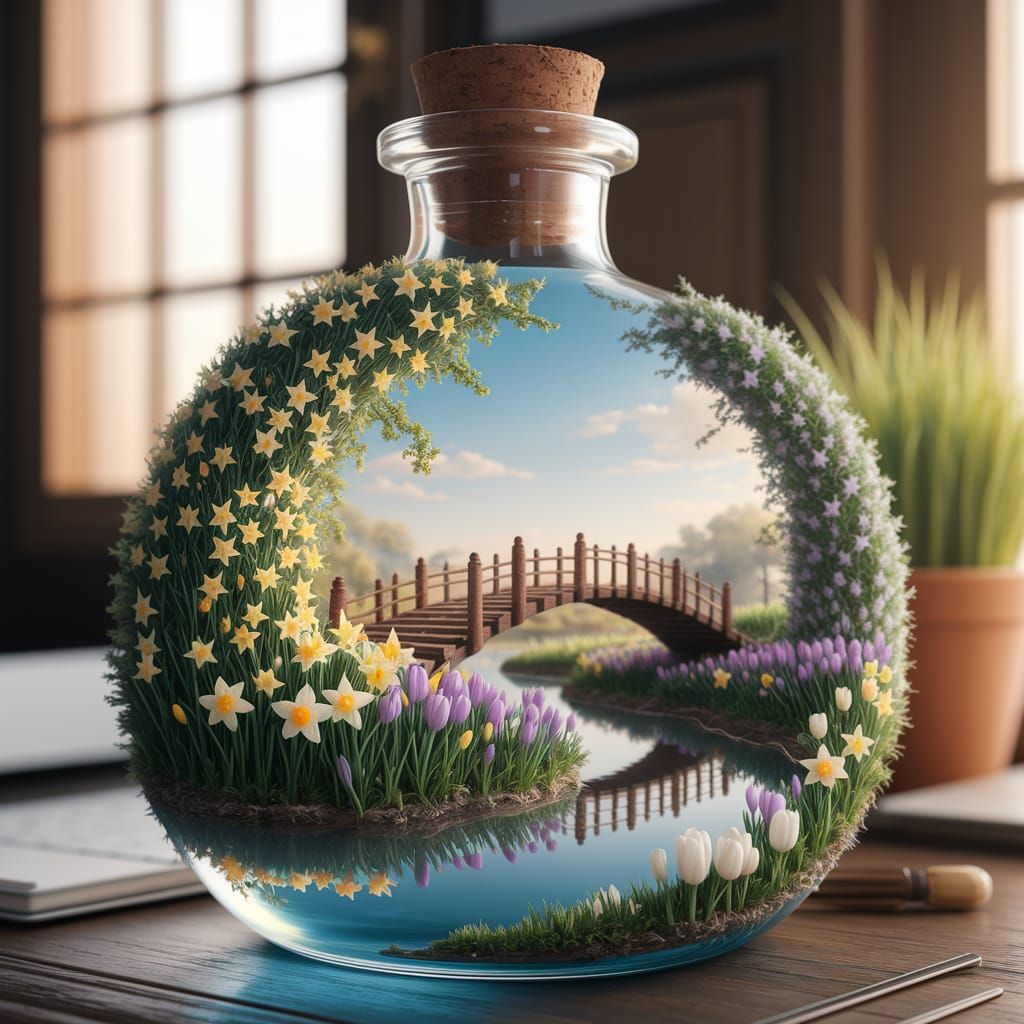 A miniature spring landscape, captured within a glass bottle...