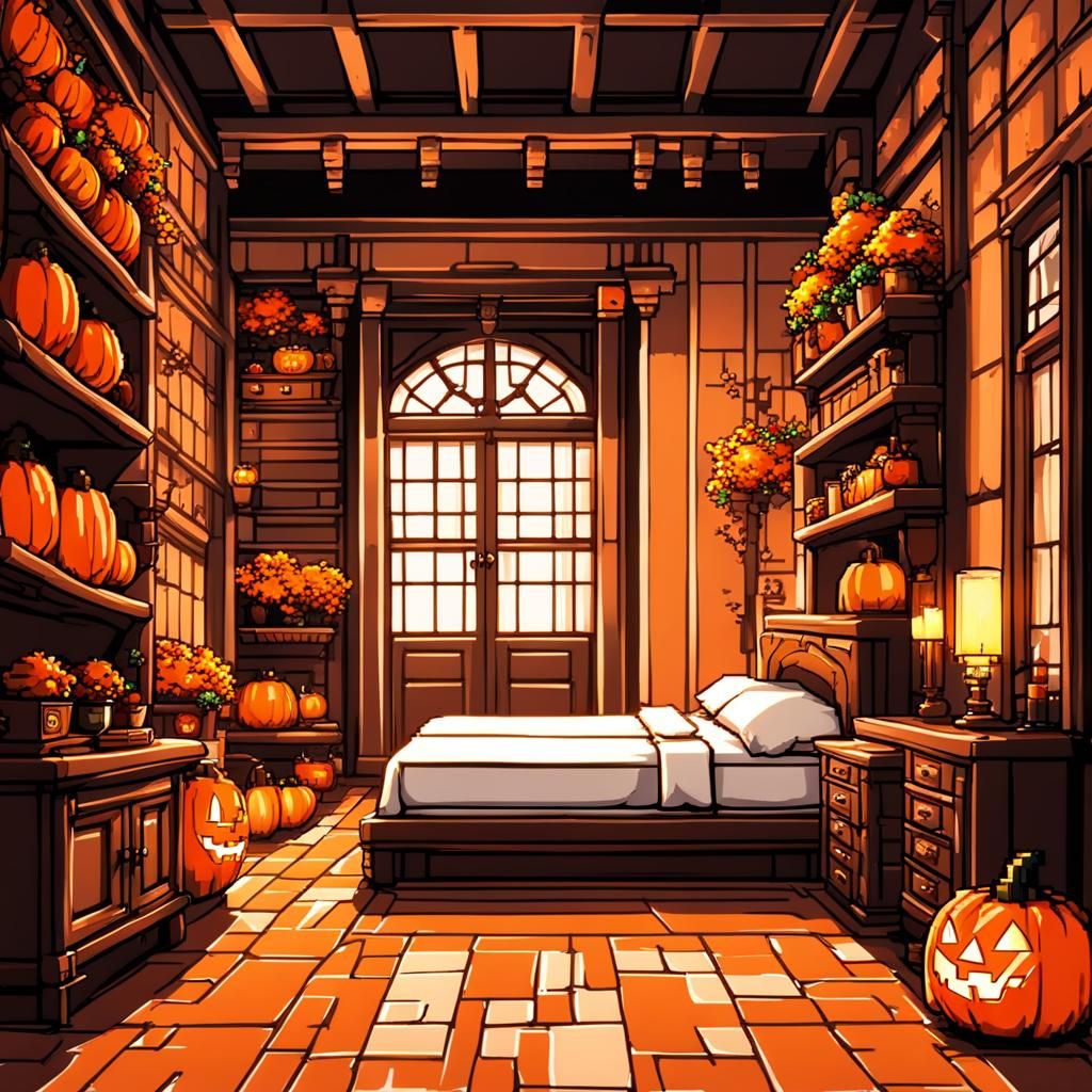 Charming 8-Bit Bedroom with Jack-o'-Lanterns in Anime Style