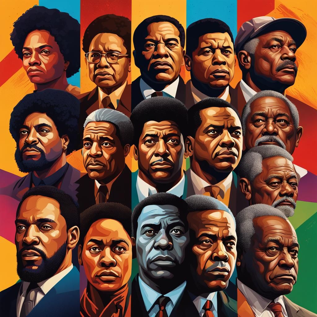 a visually captivating and artistic poster for Black History Month, showcasing iconic Black leaders and activists throug...