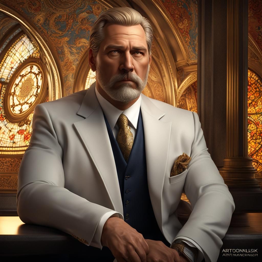 Detailed Portrait of Overweight Blond Man in Suit