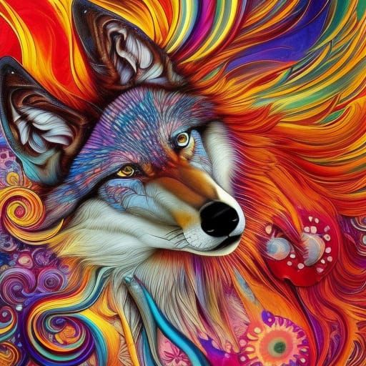 Joyful Wolf in Psychedelic Holographic Art