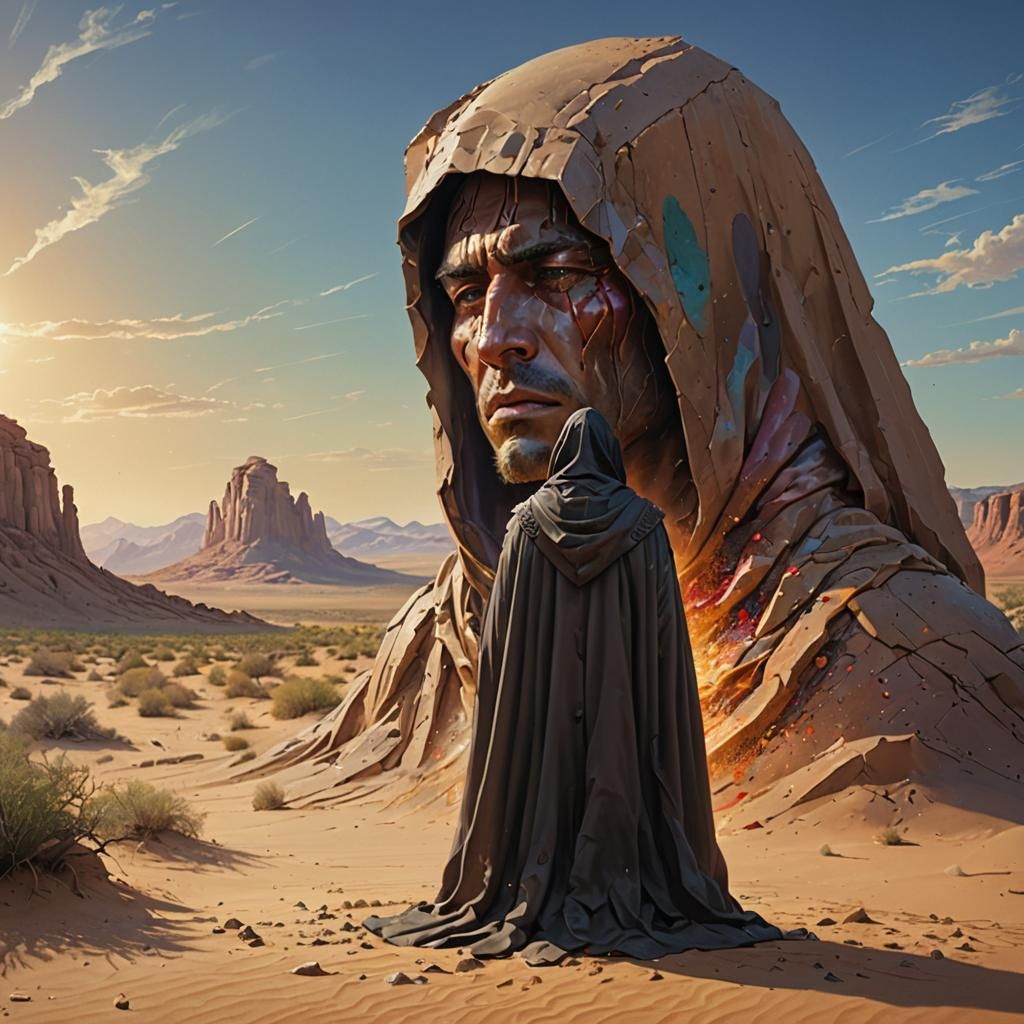 Monolith in Desert with Cloaked Figure