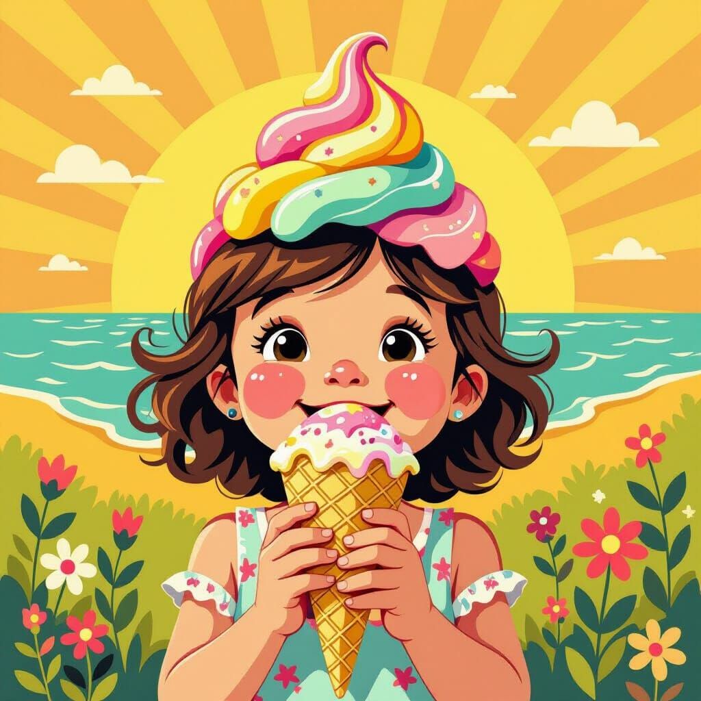 Child Holds Colorful Ice Cream in Summer Style of Camille Ro...